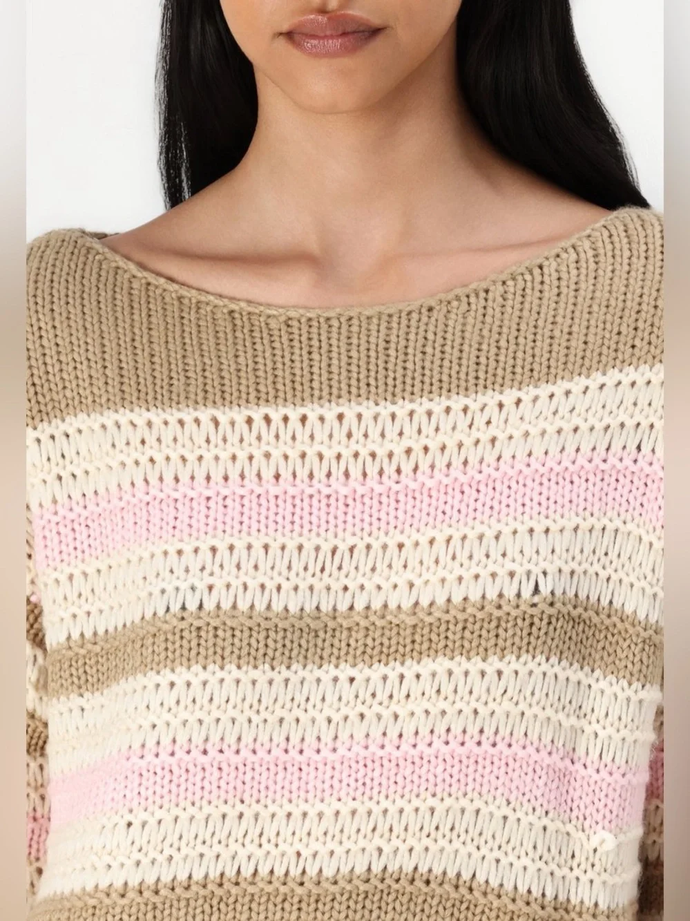 Hollister Striped Slouchy Off The Shoulder Knit Sweater in Beige, Pink & Cream